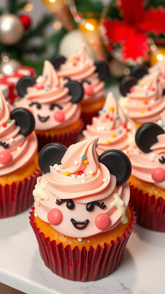 A tray of Kuromi-themed Christmas cupcakes with black and pink decorations, set against a festive holiday backdrop.